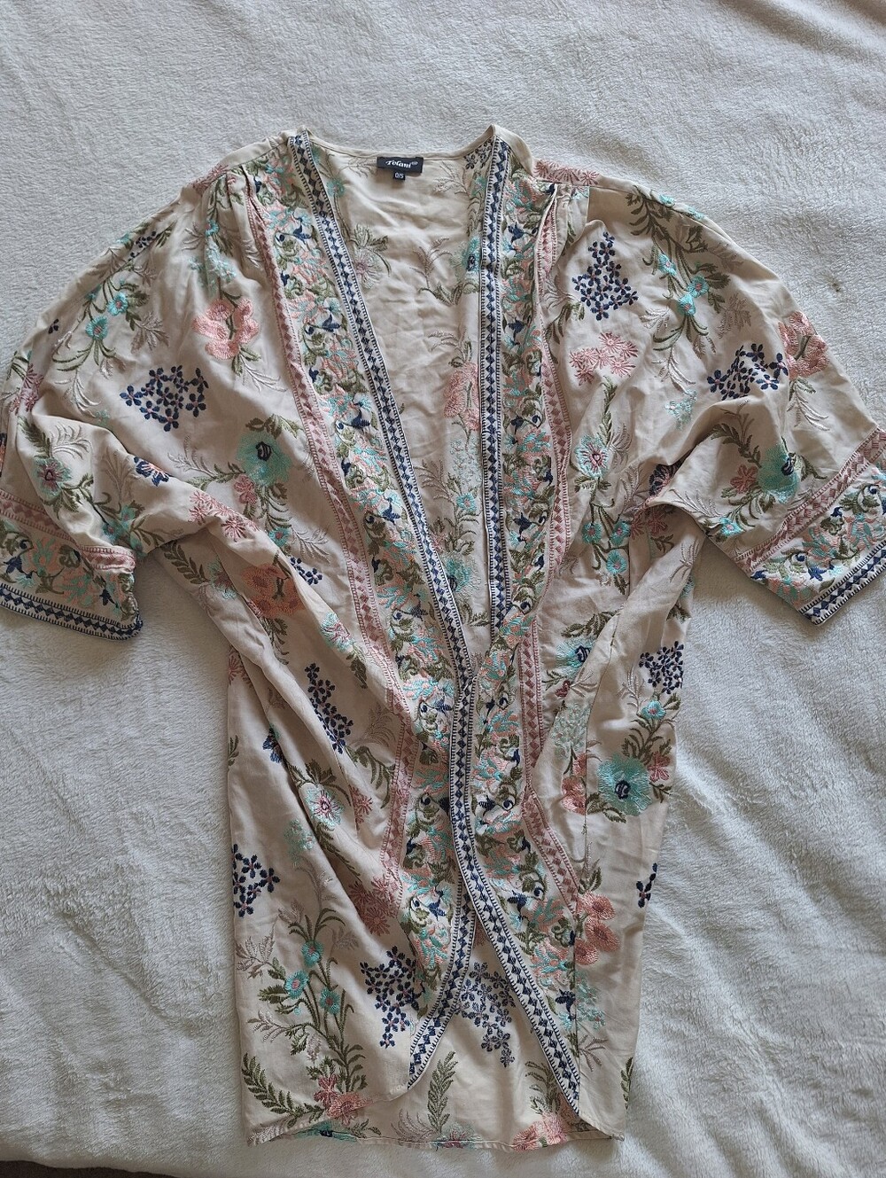 Tolani Luxury Boho Embroidered Kimono Cardigan Open Front Floral Jacket One Size